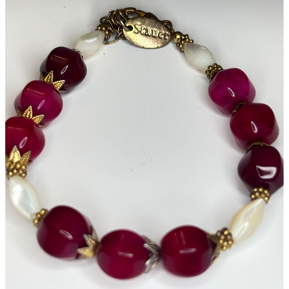 Stauer Cranberry Red Gemstone Bead Bracelet Gold Tone MOP Style Adjustable